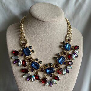 Sparkly Colorful Chunky Rhinestone Gold Tone Statement Costume Fashion Necklace